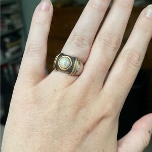 Chunky 925 Sterling and Gold Vermeil Bezel Set Pearl Ring, SIZE 6